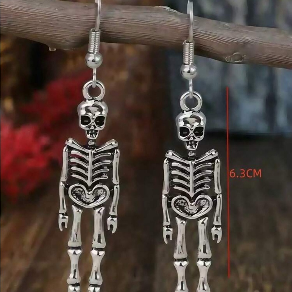 Halloween Skeleton Earrings – Silver Dangle Statement Earrings | Spooky Gothic - Picture 4 of 7